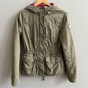 Hollister Olive Green Anorak Jacket Flannel-Lined Coat Small Red Plaid Lining